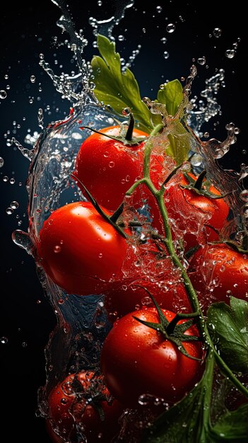 Photo tomatoes are grown in a pot with water splashing