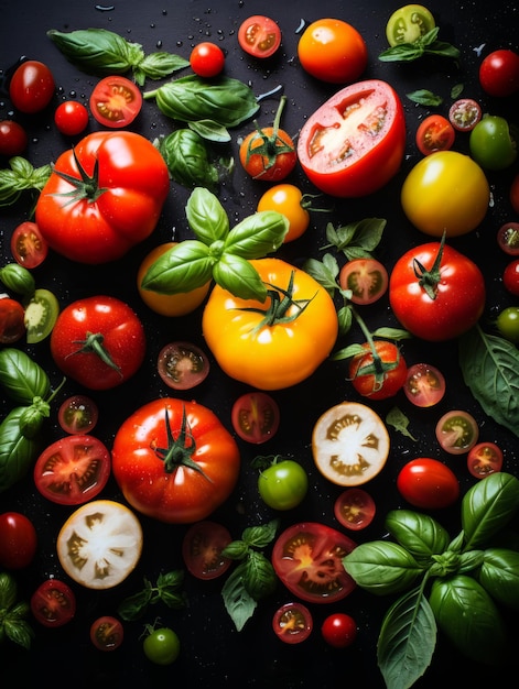 tomatoes and basil on a black background stock photo