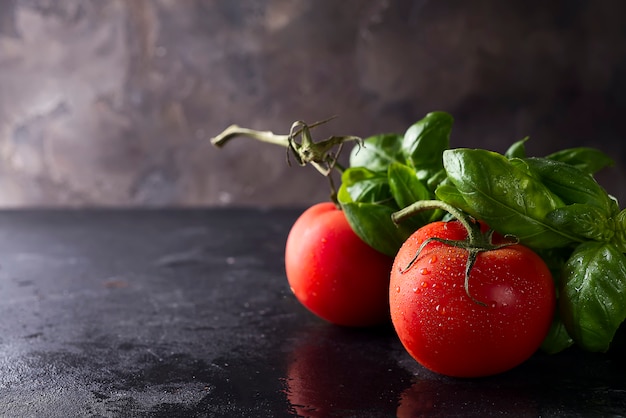 Tomatoes and basil leaves