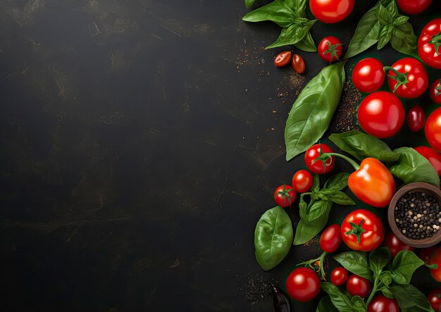 Tomatoes basil and pepper on a black background