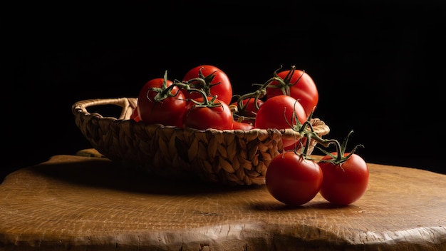 Pomodori, bei pomodori in un cesto di paglia, su legno rustico, fuoco selettivo.