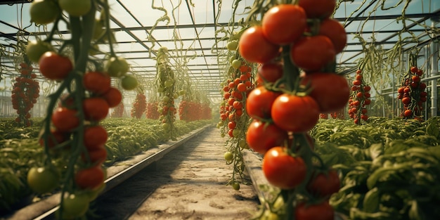 Tomatoes being grown in a greenhouse