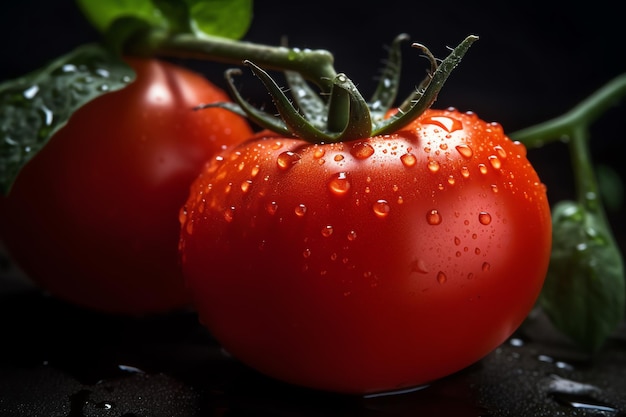 Tomatoes on a black background with water droplets