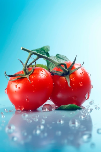 Tomatoes on a blue background with water droplets