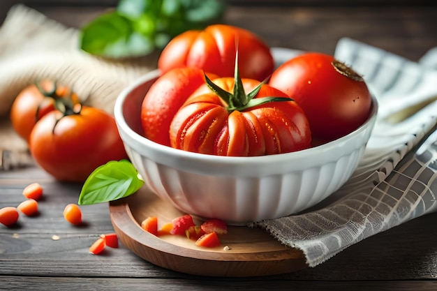 Tomatoes in a bowl on a wooden table