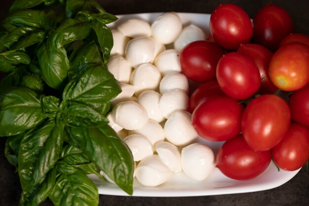 tomatoes, cheese and basil laid out on a plate in the shape of the Italian flag