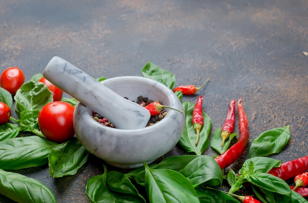 Tomatoes, chilli, basil and peper spice