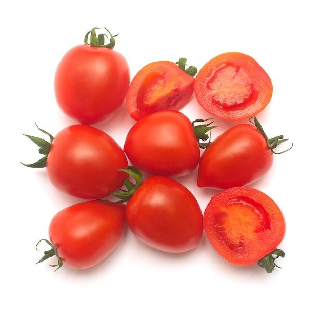 Tomatoes collection of whole and sliced isolated on white background Tasty and healthy food Flat lay top view