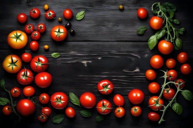 Tomatoes composition flat lay with free space for copy black wood background
