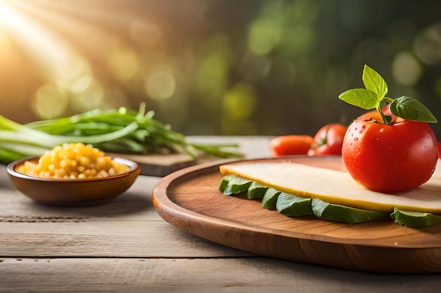 Tomatoes and corn on a wooden table