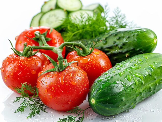 Photo tomatoes cucumbers and other vegetables on a white surface