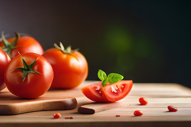 Tomatoes on a cutting board with a knife and a wooden spoon.