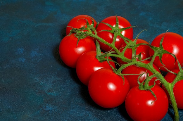  tomatoes on a dark blue textural background