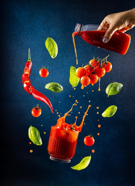 Tomatoes drink with red chili peppers and basil with fly ingredients on the dark blue background