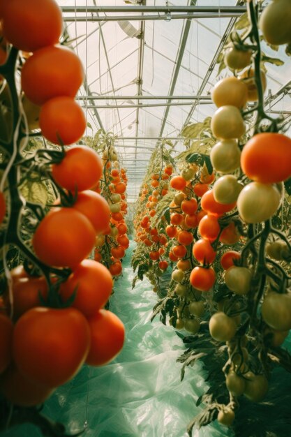 tomatoes grow in an enclosed greenhouse