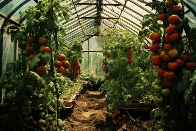 Photo tomatoes growing in a greenhouse vintage style selective focus