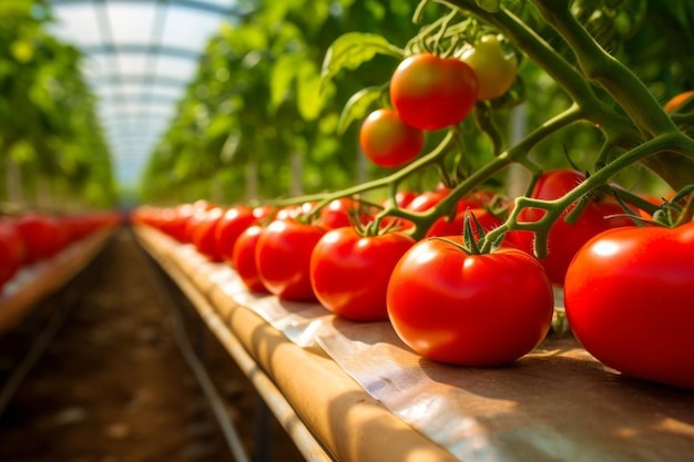 tomatoes growing in rows in a greenhouse at sunlight in the style of environmentally inspired ripe tomato at a organic greenhouse harvest