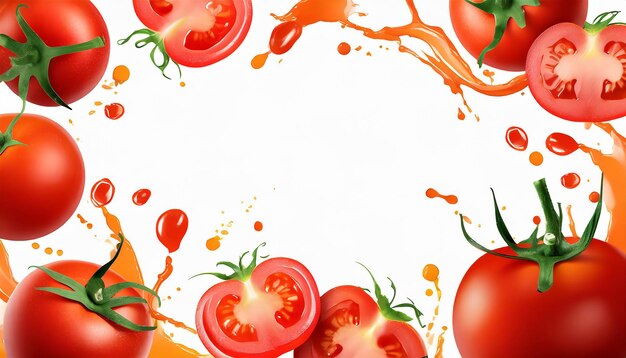 tomatoes and juice splashes on white background