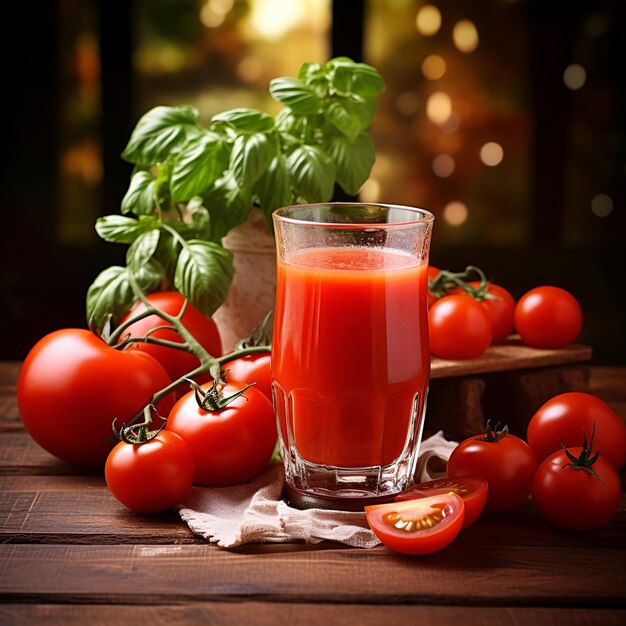 Foto succo di pomodoro con pomodoro verdura su sfondo di legno ingrediente alimentare sano