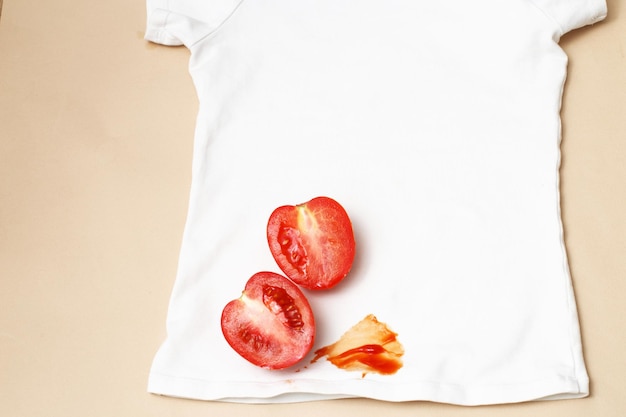 Tomatoes and ketchup stain on white shirt clothes on a beige background