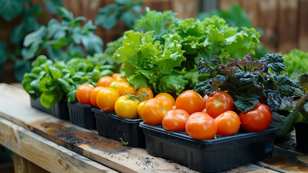 Tomatoes and lettuce in trays on a wooden table