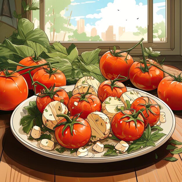 Tomatoes and mozzarella arranged on a table as a plate Generative AI