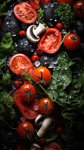 tomatoes mushrooms and spinach on a table