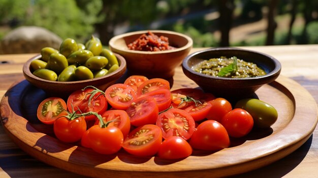 tomatoes and olives on a wooden table in a rustic style