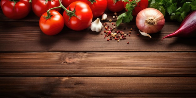 Tomatoes onions and spicy peppers on a wooden surface