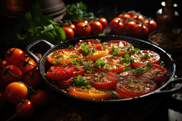 Tomatoes in a pan with tomatoes and spices