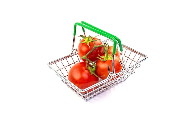 Tomatoes in a small metal basket on a white background.