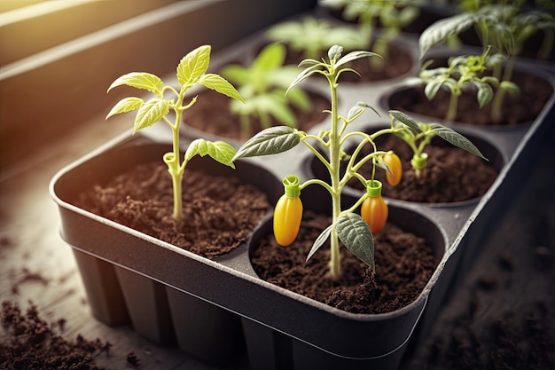 温室で発芽するトマト コンテナに入ったトマトの苗またはトマトの苗 春に温室に植える準備が整ったトマトの苗