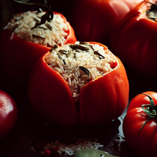 Tomatoes stuffed with rice and herbs cooked in the oven with olive oil