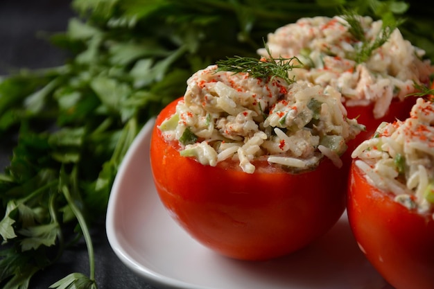 Tomatoes stuffed with rice, vegetables and meat