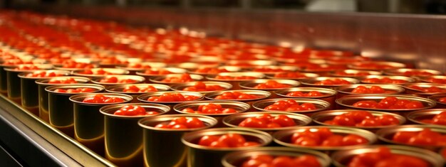 Tomatoes tape in the food industry products ready for automatic packaging Concept with automated food production Generative AI