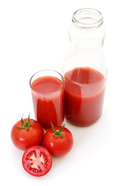 Tomatoes and tomato juice isolated on white