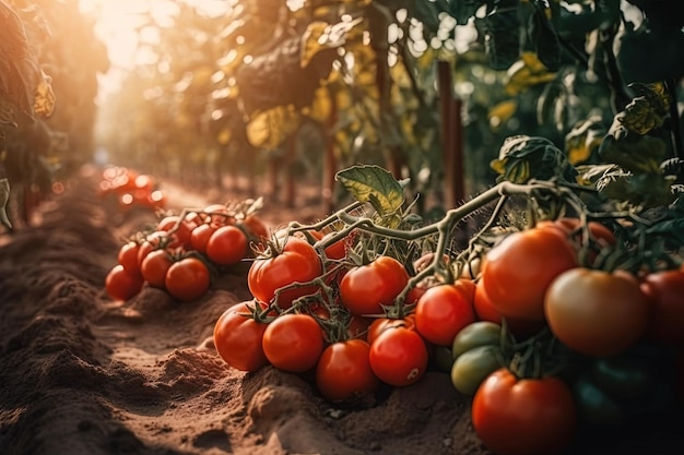 Tomatoes on the vine in a field