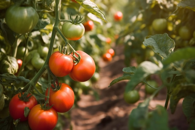 Tomatoes on a vine in a field