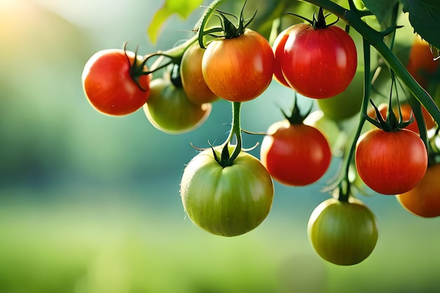 Tomatoes on a vine in a greenhouse