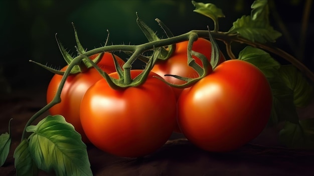 Tomatoes on a vine with green leaves