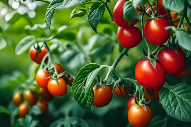 Tomatoes on a vine with green leaves