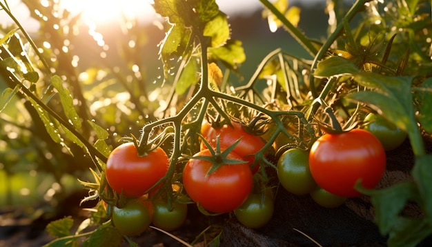 Tomatoes on a vine with the sun shining on them