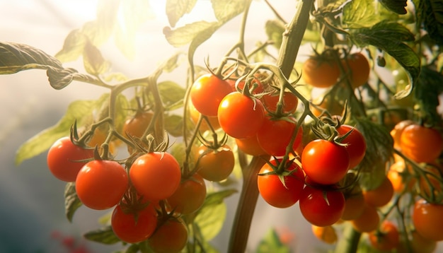 Tomatoes on a vine with the sun shining on them