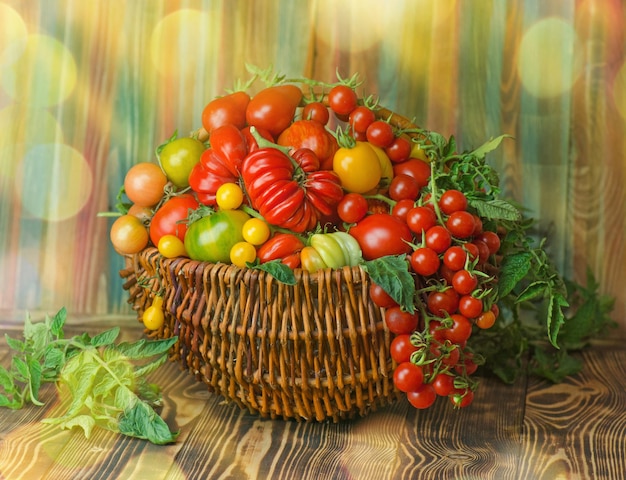 Tomatoes in wicker basket in the kitchen