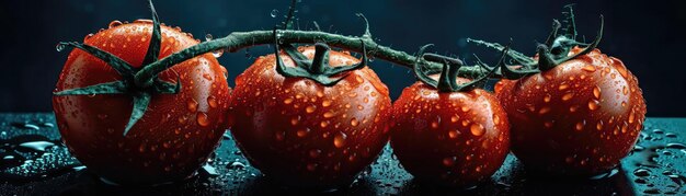Foto pomodori con goccioline su uno sfondo blu ai generativo