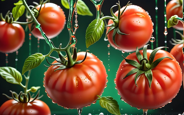 Photo tomatoes with water drops on a dark background seamless pattern