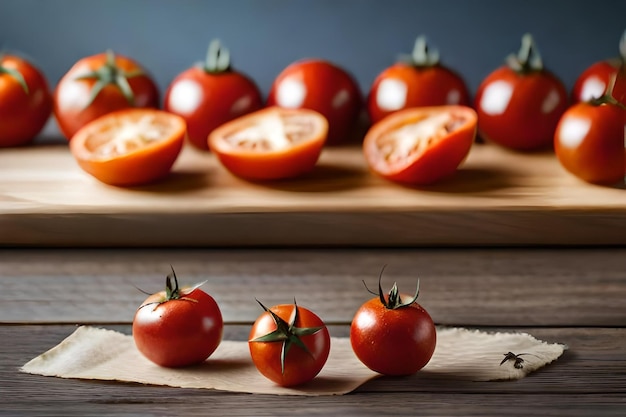 Tomatoes on a wooden board with a picture of tomatoes on it