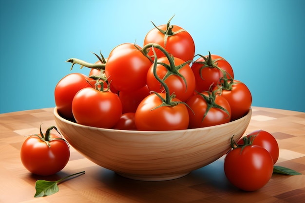 Tomatoes on wooden bowl vegan kitchen food concept background