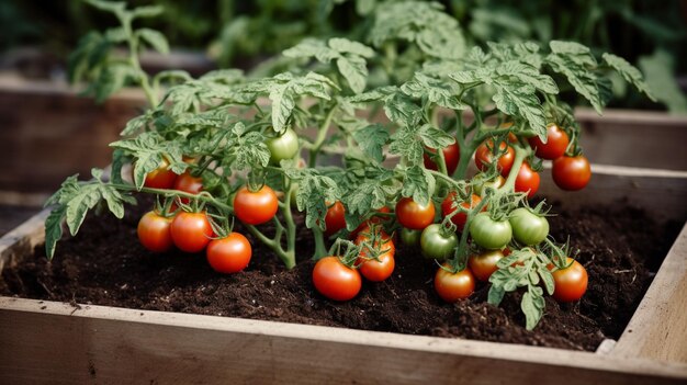 Tomatoes in a wooden box with the word tomato on the side