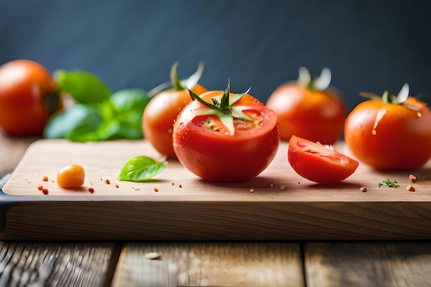 Tomatoes on a wooden cutting board with green leaves and a slice of tomato.